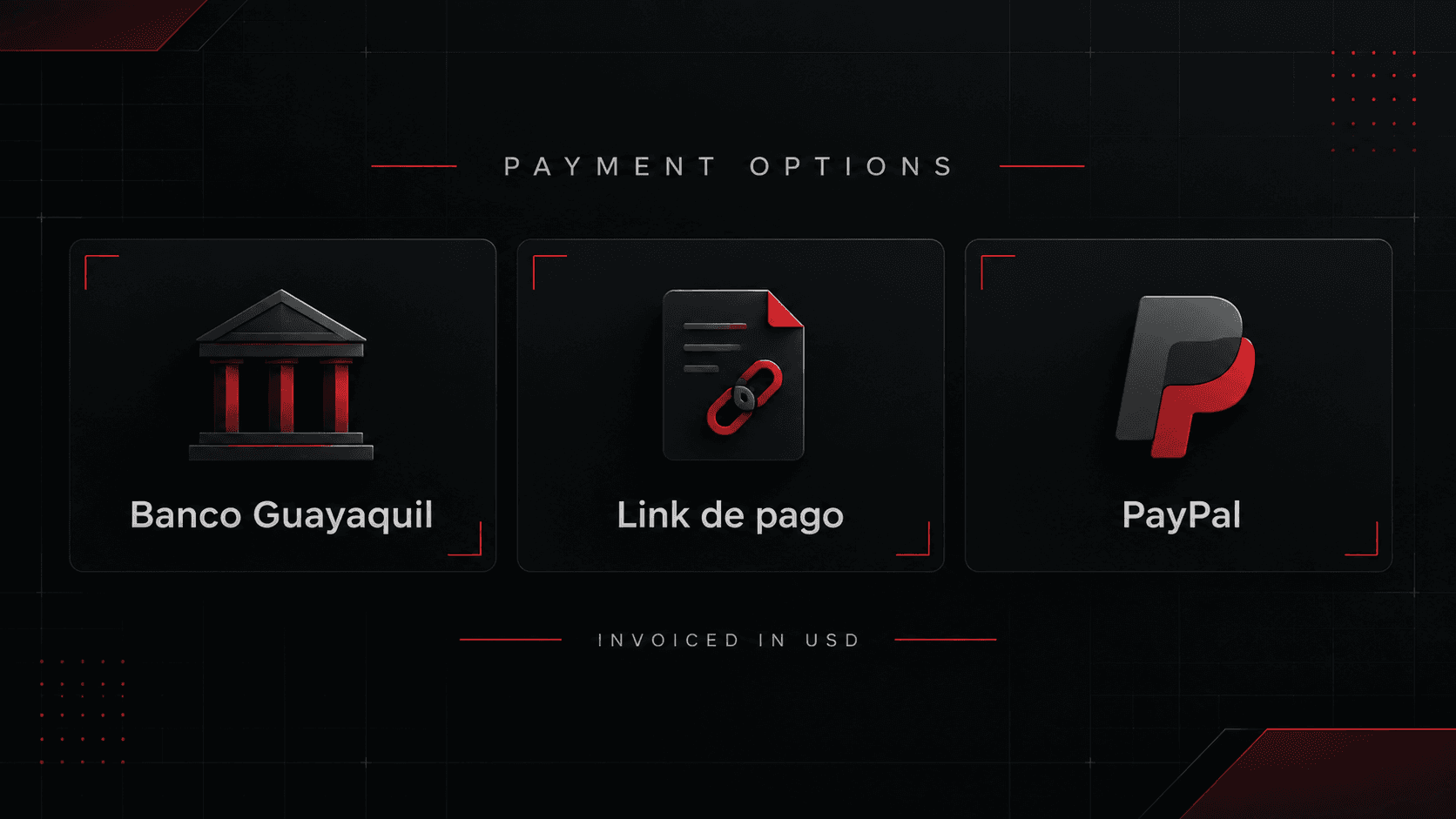 Foxora payment options: Banco Guayaquil, payment link and PayPal; invoiced in USD